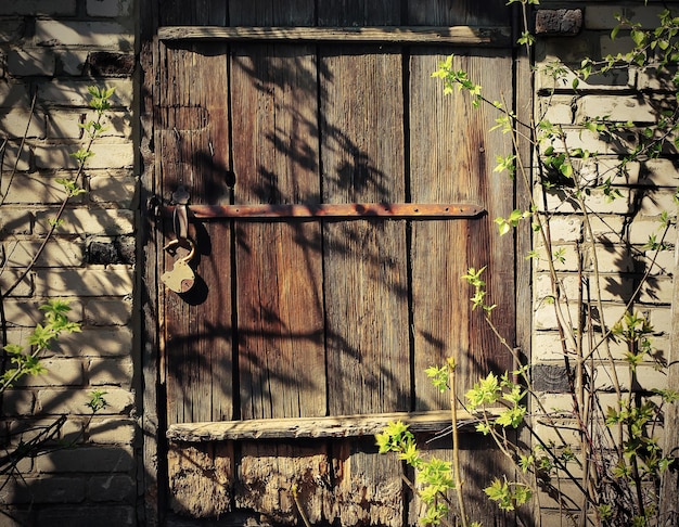 Old wooden door with hanging lock in a brick house in the garden