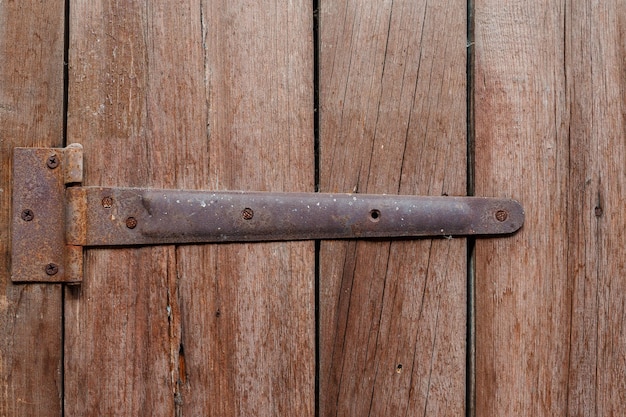 The Old wooden door with a rusty metal detail old tree background