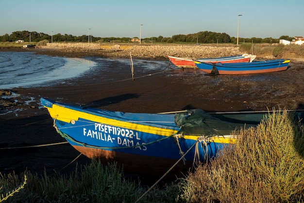 Old wooden fishing boats near palaphitic docks