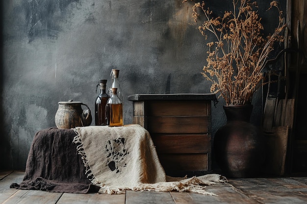 Photo old wooden furniture with vintage pots and woven fabric