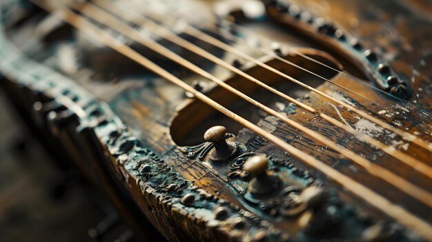 Photo old wooden guitar closeup view selective focus