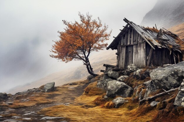 Old wooden house and fog Autumn landscape