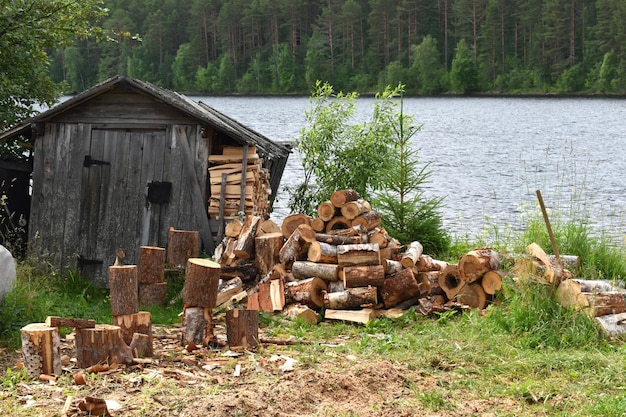 Old wooden house in the village in forest rural peaceful landscape