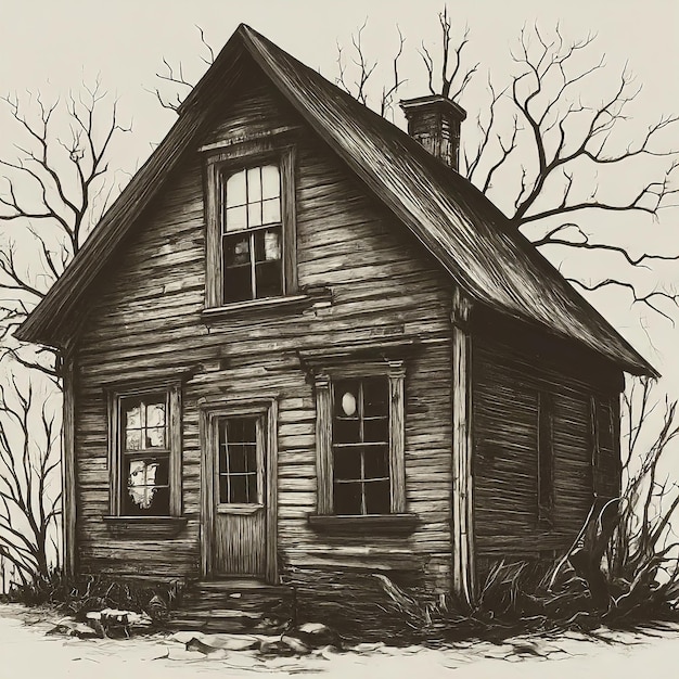 old wooden house with a large tree