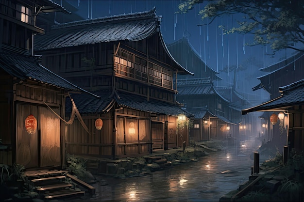 Old wooden houses in the Japanese village at night Digital painting A beautiful artwork illustration of rainy medieval japan AI Generated