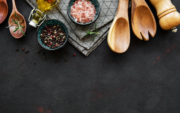 Old wooden kitchen utensils and spices