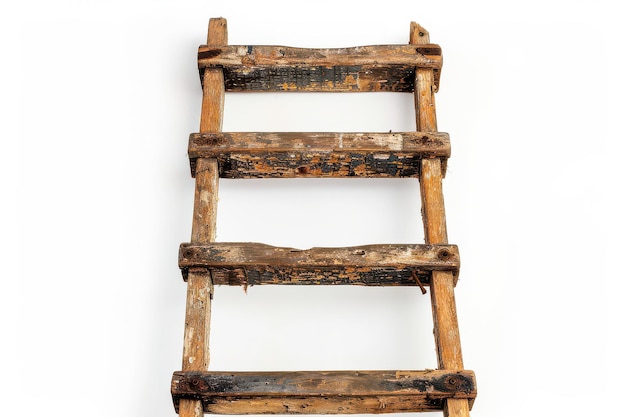 Photo old wooden ladder leaning against a white wall showcasing its rustic charm and aged texture in a minimalistic setting