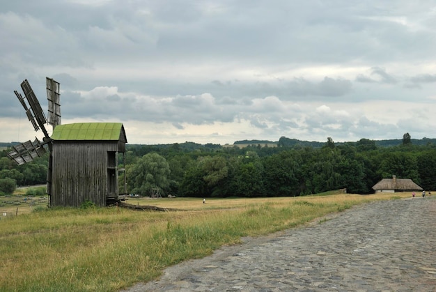 Old wooden mill in the Ukrainian village