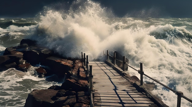 old wooden pier surrounded by sea waves