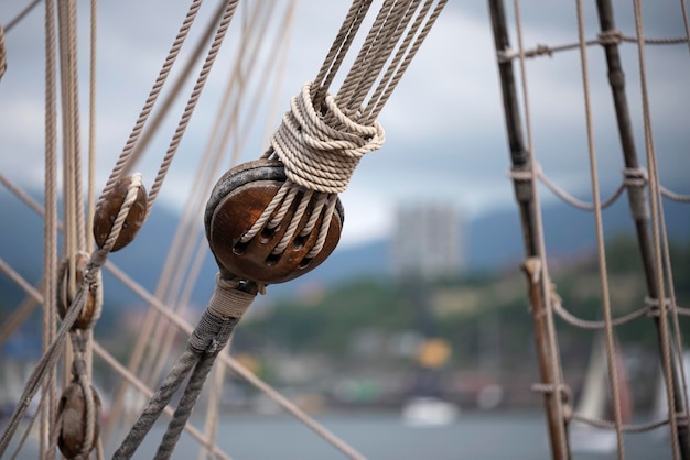 Old wooden pulleys for boats