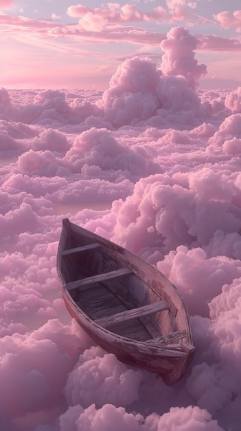 Old wooden rowboat floating on pink clouds during sunset surreal dreamy concept