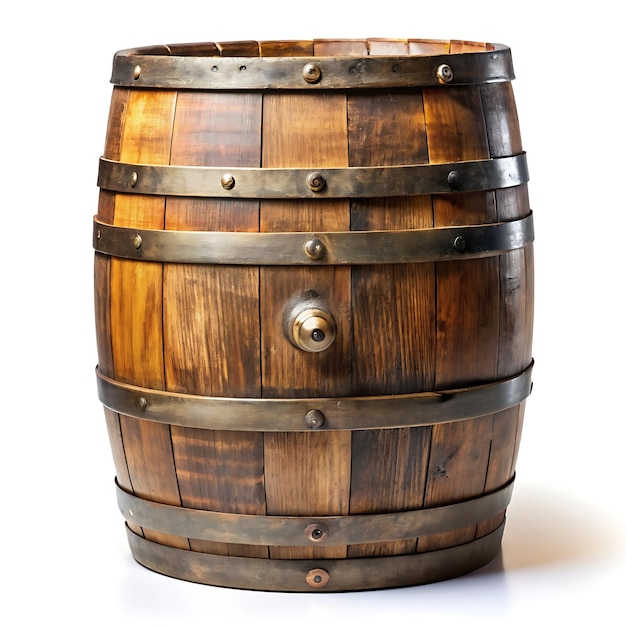 Old wooden rum keg isolated on white background