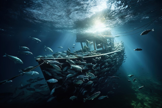 An old wooden ship under the water with fishes swim around underwater boat wreck Ai generative