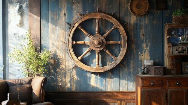 Photo an old wooden ship wheel mounted as a decorative piece in a nauticalthemed room highlighting the vintage appeal and craftsmanship of maritime history