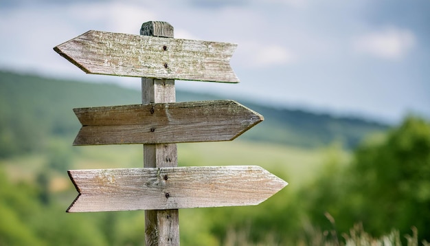 Photo old wooden signpost with three 3 arrows against natural background pointer showing direction