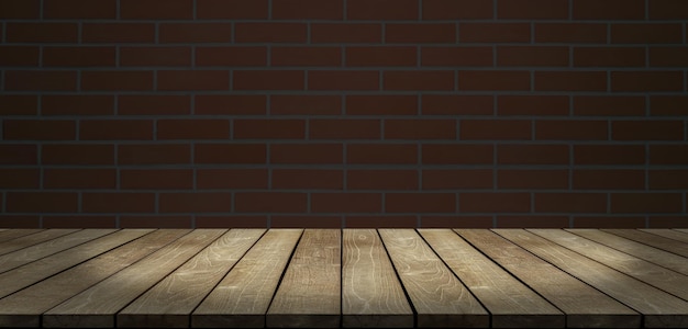 Old wooden table brick block wall background dim and dark vision