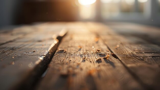 Old wooden table detailed grain natural texture closeup scattered crumbs unfocused background warm sunlight depth of field rustic setting autumn vibes tranquil scene weathered appearance