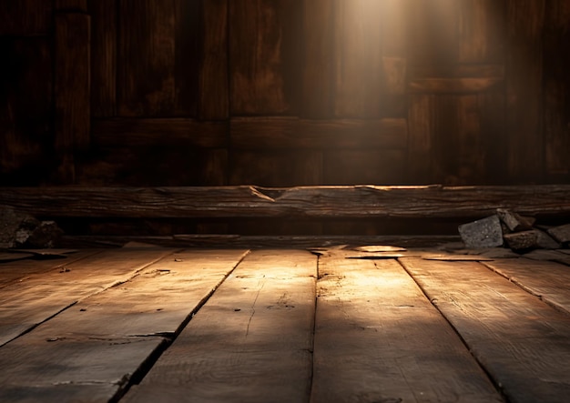 Old wooden table on an empty wooden floor in the style of dark silver and light amber