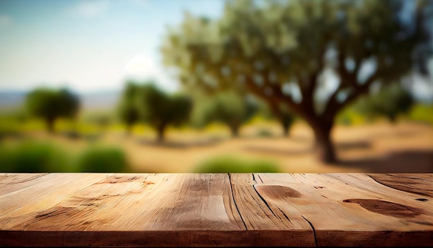 Old wooden table for product display with bokeh background of a natural green olive field Olive tree layout design with a natural old tabletop perspective Generative AI