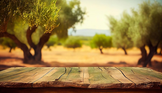 Old wooden table for product display with bokeh background of a natural green olive field Olive tree layout design with a natural old tabletop perspective Generative AI