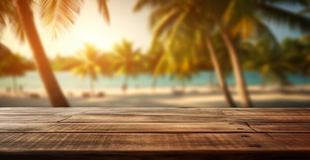 Old wooden table top against blurred panoramic beach with coconut palm leaves Concept Vacation Summer Beach Sea AI generated image