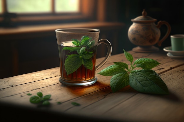 Old wooden table with cups of green tea