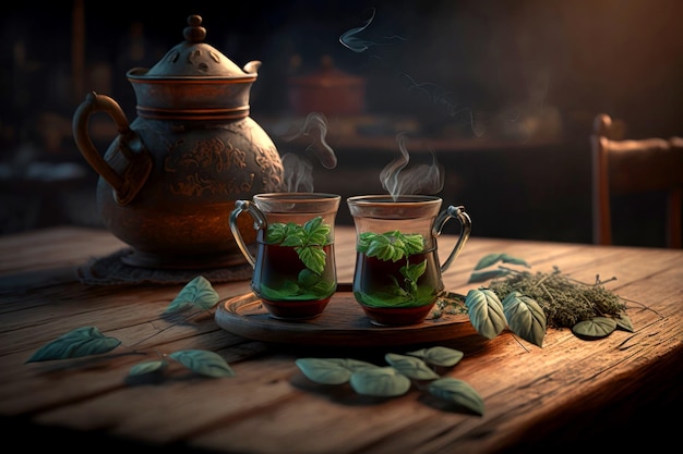 Old wooden table with cups of green tea