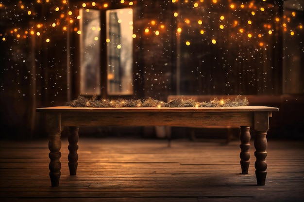 An old wooden table with a street of lights on it