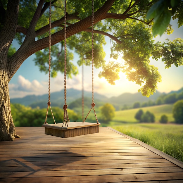 Photo old wooden terrace with wicker swing hang on the tree with blurry nature background 3d render