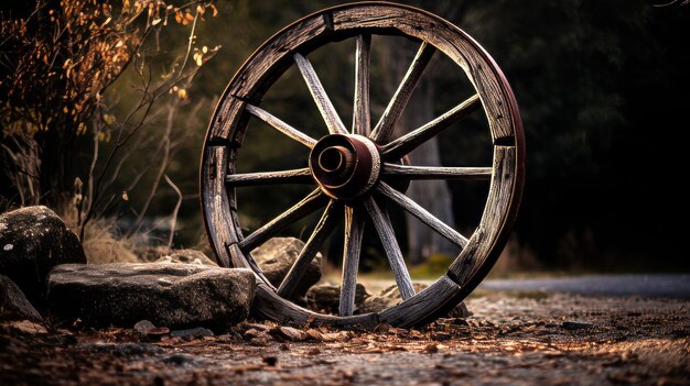 Photo an old wooden wagon wheel leaning up in outdoor area neural network ai generated