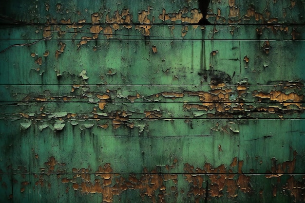 Old wooden wall with green paint Grunge background texture