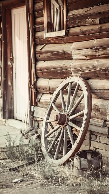 Photo old wooden wheel in front of a building