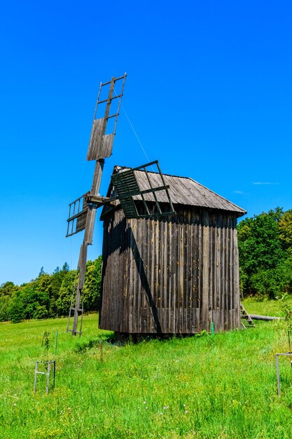 Old wooden wind mill in Pyrohiv Ukraine