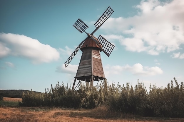 An old wooden windmill with a background of nature in a field Retro culture authenticity