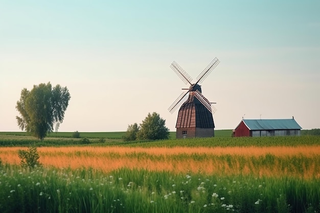 An old wooden windmill with a background of nature in a field Retro culture authenticity