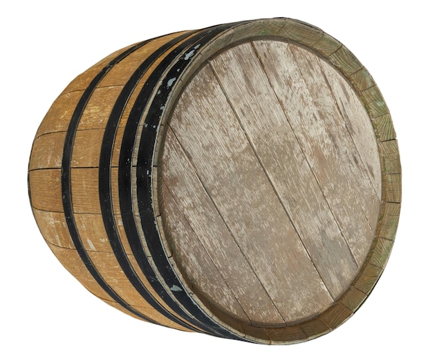 Old wooden wine barrel with black rings isolated on white background