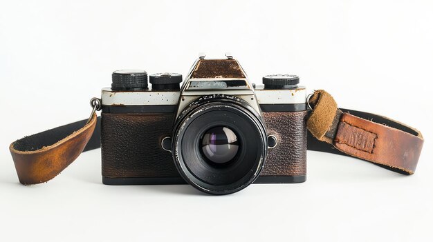 An old worn 35mm film camera with a leather strap