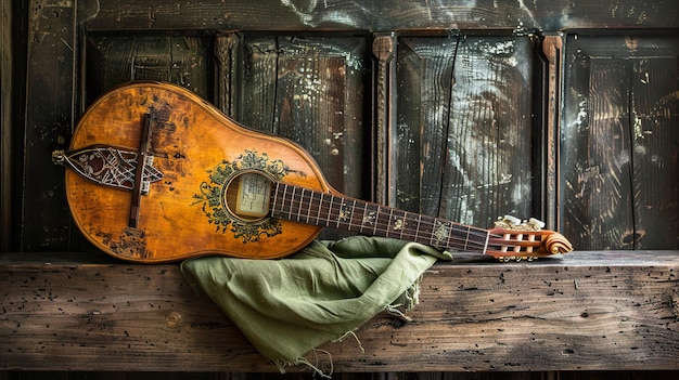 Photo an old worn acoustic guitar rests on a wooden shelf covered with a green cloth