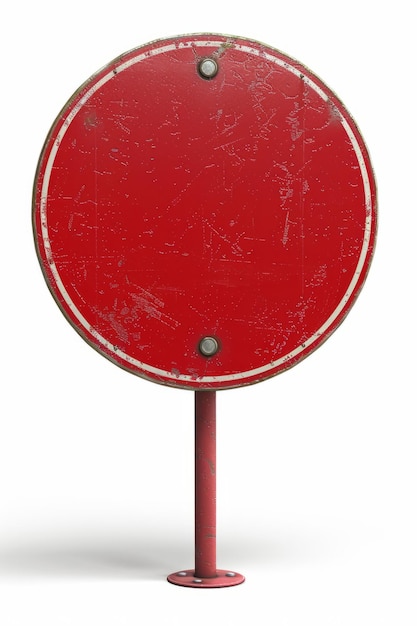 An old worn blank red circular sign attached to a post isolated on a white background with space for text or symbols