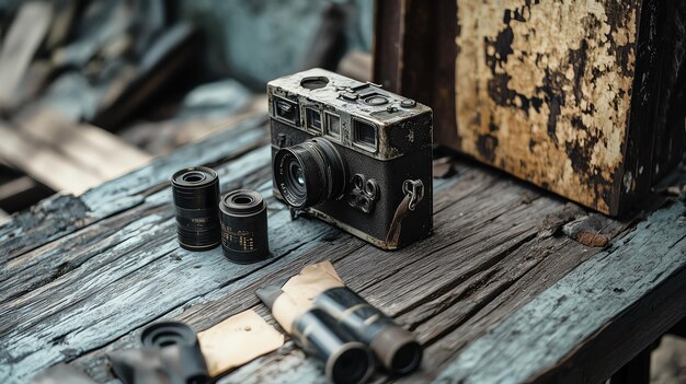 Photo an old worn camera with film rolls sitting on a weathered wooden table