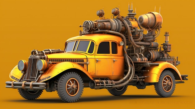 An old yellow monster truck isolated on orange background