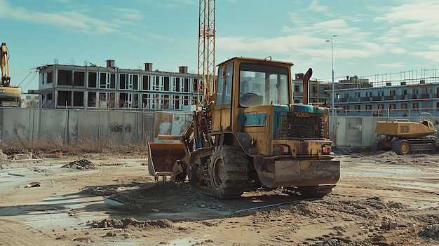 An old yellow tractor sits on a construction site In the background a large apartment building is under construction