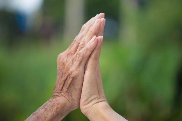 Old and young holding hands on light background closeup