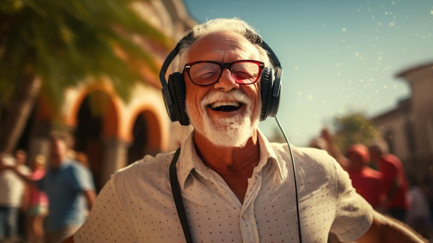 older age man having headphones on and dancing