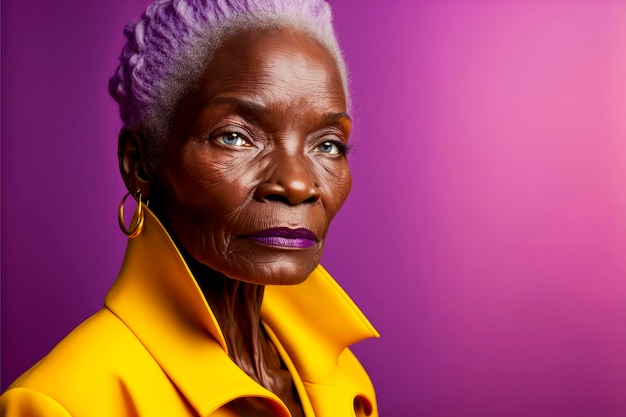 An older black woman with gray and purple hair with purple lips wearing a yellow shirt Generative AI