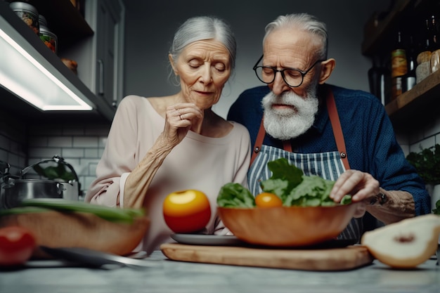 An older couple cooking a healthy vegan meal Generative AI illustration