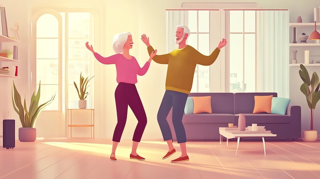 Photo an older couple dances together in their living room