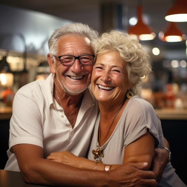 An older couple embracing with joyful and optimistic expressions