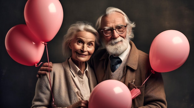 An older couple holding two pink love heart balloons