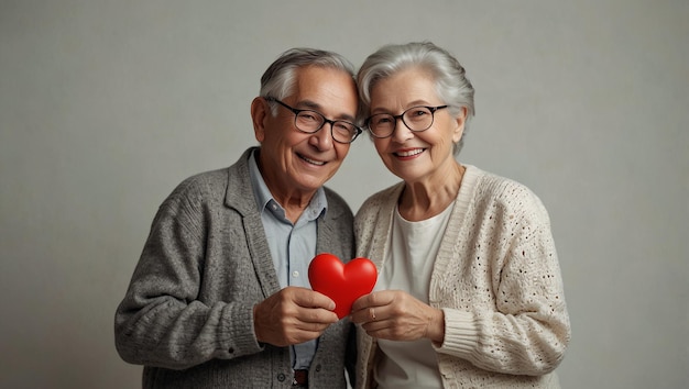 An older couple is smiling at each other The woman is holding a red heart